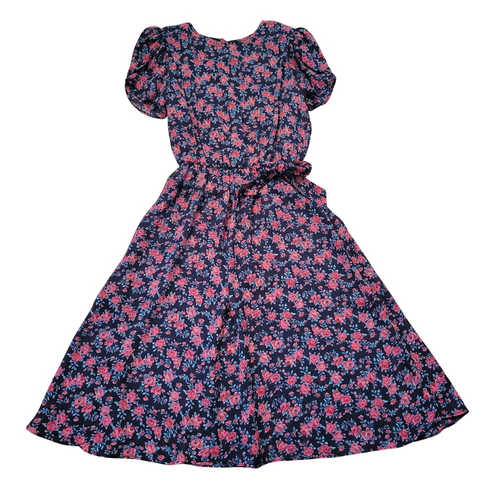 Caroline Wells 6 Midi Dress Sheer‎ Black Red Floral Puff Vintage Cottagecore
